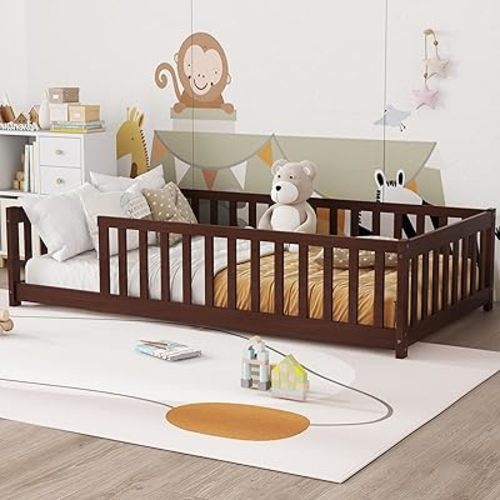 Bellemave Twin Floor Bed with Slats and Safety Guardrails, Twin Size Montessori Floor Bed with Fence and Without Door, Easy Assemble Montessori Beds Frame for Girls, Boys, Pink Espresso