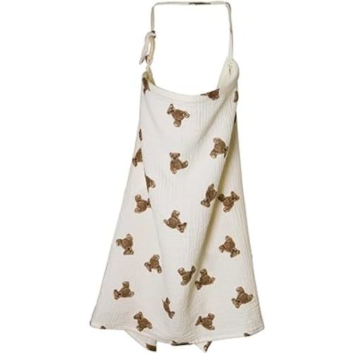 Muslin Nursing Cover for Baby Breastfeeding, Breathable 100% Cotton Breastfeeding Cover with Rigid Hoop for Mother Nursing Apron, Multi-use Carseat Canopy (Bear)