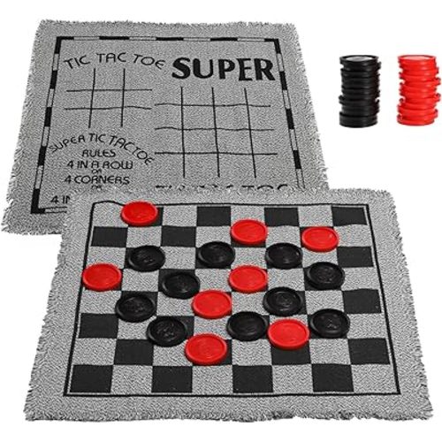 Yarlung Giant Checkers Set Tic Tac Toe Game with Reversible Rug, 3 in 1 Jumbo Checkers Game Board for Family Camping, Yard, Lawn Games, 2 Players