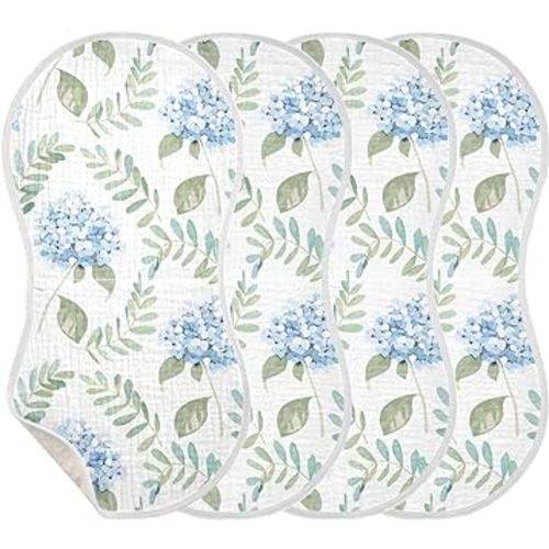 Muslin Baby Burp Cloths, Blue Floral Hydrangeas with Leaves Baby Bibs Rags Comfy Soft Absorbent in for Newborn Boys and Girls 4 Piece 22 x 11 Inch