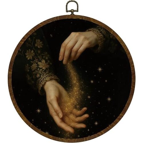 KLYTINK We Are All Stardust Home Decor,Romantic Academia Round Wall Art,Goddess Hands Canvas Print with Star Dust, Gothic Dark Vintage Hanging Decor for Bedroom or Study 10''x10''(Golden sand)
