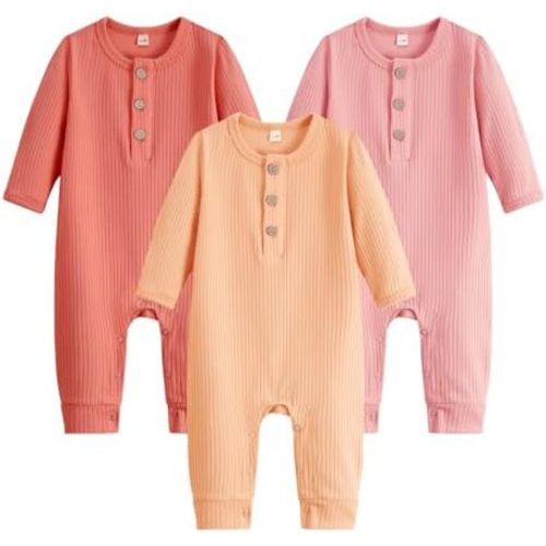 Bafeicao Baby Boy Girl 3 Pack Solid Romper Ribbed Cotton Long Sleeve Jumpsuit Infants Outfits Clothes with Mitten Cuffs