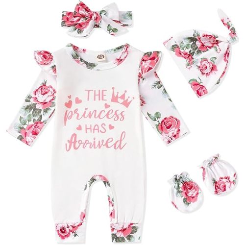 GRNSHTS Newborn Baby Girl Romper Infant Letter Print Bodysuit Floral Jumpsuit+Hat+Headband+Gloves Coming Home Clothes Outfits(Pink#1,Newborn)