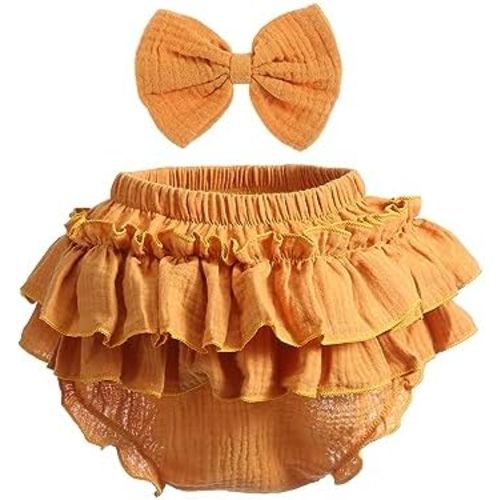 Newborn Infant Baby Girl Cotton Bloomers and Bows Toddlers Ruffle Shorts Diaper Covers Headband Set