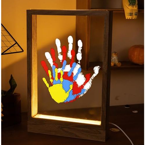 CHERRY CHEERS Family Handprint Kit with Light, Handprint Keepsake Frame, Wooden Led Light, Easy Install, No Need Screw etc, Non-Toxic Paints (Brown)