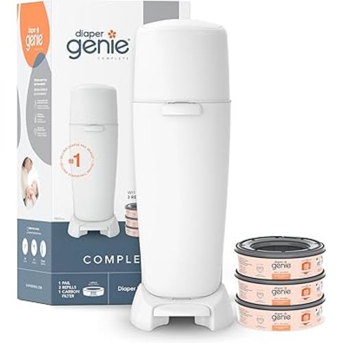 Diaper Genie Complete Diaper Pail (White) with Odor Control | Includes 1 Diaper Trash Can, 3 Refill Bags, 1 Carbon Filter