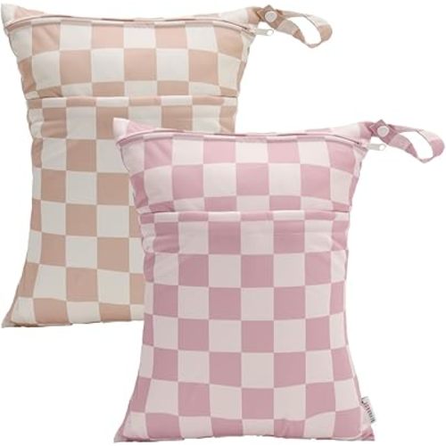 ALVABABY 2pcs Cloth Diaper Wet Dry Bags Waterproof Reusable with Two Zippered Pockets Travel Beach Pool Daycare Soiled Baby Items Yoga Gym Bag for Swimsuits or Wet Clothes 2LM16