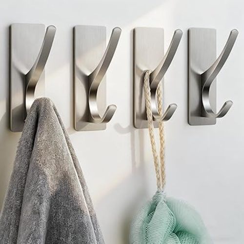 Self Adhesive Towel Hooks: Extra Strong 13LB, Stainless Hook for Hanging Loofah, Towels, Coat, Bath Robe Bathroom Shower, Brushed Nickel, 4 Pack