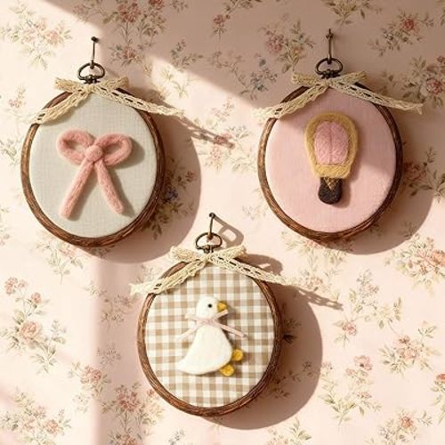 Soulchen 3 Pcs Felted Nursery Wall Decor with Goose Bow Hot Air Balloon 5 x 6 Inch Cute Animal Wall Art Vintage Decorative Artwork for Nursery Bathroom Living Room Baby Room Bedroom Farmhouse Decor
