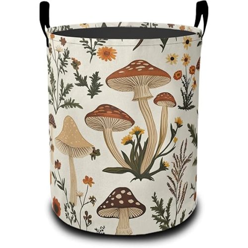 Laundry Basket,Retro Mushrooms Large Canvas Fabric Lightweight Storage Hamper Organizer Dirty Clothes Collapsible Waterproof for College Dorms,Bathroom