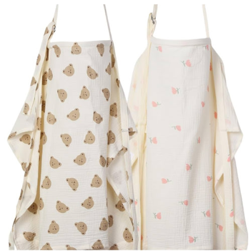 2-Pack Muslin Nursing Cover for Baby Breastfeeding - Breathable Breastfeeding Covers for Nursing with Arch Neckline, Bear & Flower Privacy Covers