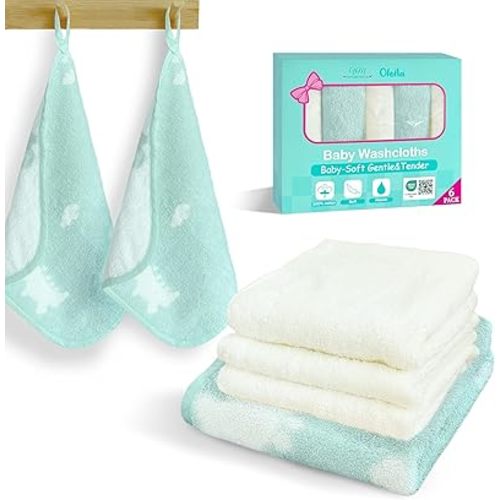 VOOVA & MOVAS 6 Pack 100% Cotton Baby Washcloths | 12x12 Inches | Highly Absorbent | Ultra-Soft Newborn Towels | Perfect Set,Baby Essentials |Dino & Ivory Colors