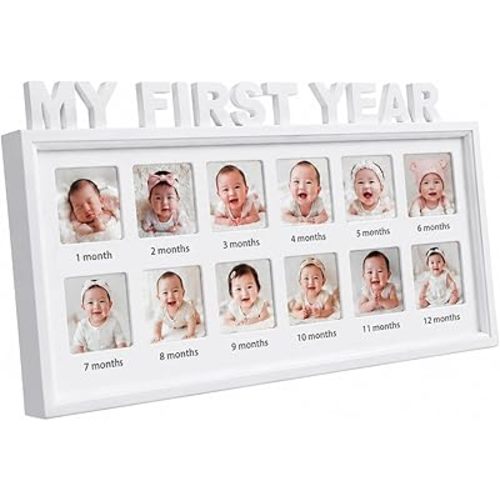 MICKYU My First Year Picture Frame for Baby & Pet - 12 Month Milestone Photo Collage Keepsake, Newborn Shower & 1st Birthday Decor Gift, Shatterproof Acrylic Wall Nursery Display (White)