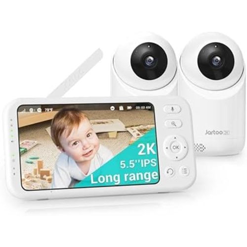 Jartoo 2K Video Baby Monitor with 2 Cameras and Audio, Long Range Baby Monitor No WiFi, 5.5" Split Display, VOX - AI Cry Detect, ANR, IR Night Vision, 2-Way Audio, 6000mAh