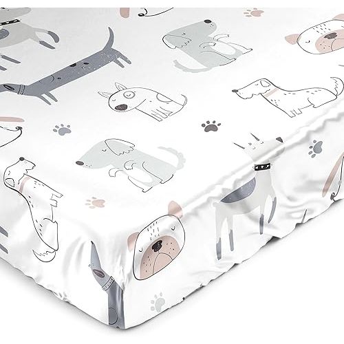 Sweet Jojo Designs Dog Boy Girl Unisex/Gender Neutral Baby Satin Fitted Crib Sheet Infant Newborn Nursery Toddler Bed Room Grey Taupe Blue Modern Puppy Pet Watercolor Puppies Bulldog Wiener Paw Print