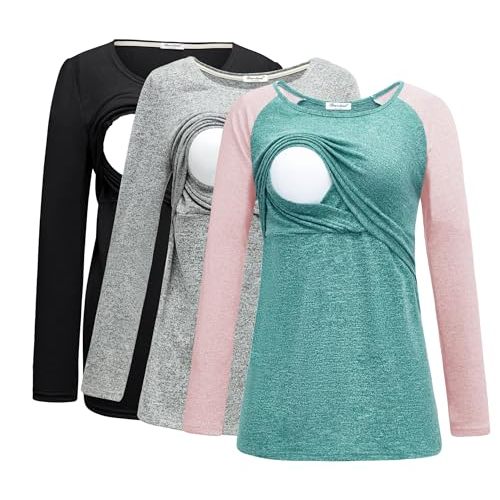 Bearsland Women's 3 Packs Maternity Clothes Long Sleeves Breastfeeding Shirts Nursing Top