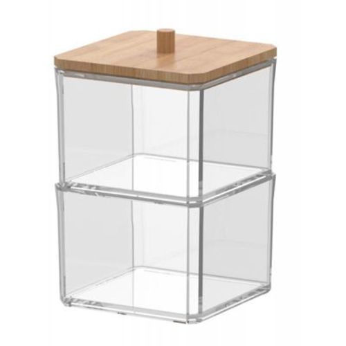 Acrylic Q tip Dispenser with Bamboo Lid, 2 Tier Stackable Square Cotton Swab & and Ball Organizer for Bathroom or Vanity, Compact Apothecary Jar