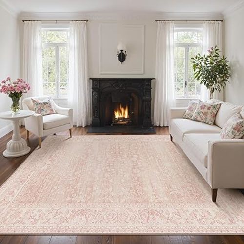Bavni Pink Area Rugs 8x10 Washable Boho Floral Vintage Rug for Living Room Rug, Non Slip Water Repellent Large Carpet for Nursery Kids Playroom Bedroom, Dinning Room, Home Office, Dorm, Pink&White