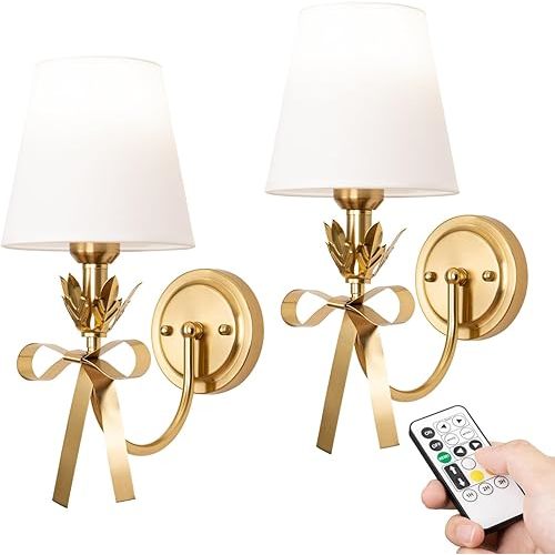 Adust Battery Operated Wall Sconce Set of Two, Antique Brass Bow Wall Sconces Remote Control Dimmable Rechargeable LED Light Bulb, 3 Color Temps LED for Bedroom Living Room Decor