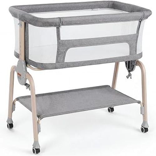Cowiewie Bassinet Bedside Sleeper, Breathable Baby Bedside Bassinet and Mattress, Lightweight and Portable for Bedside Sleeping (Charcoal)