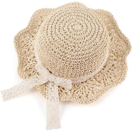 JANGANNSA Baby Girl Straw Hat Outdoor Baby Sun Protection Hats Summer Bowknot Beach Cap for Infant Toddler Girls(Lace Tie-Beige,2-5 Years)