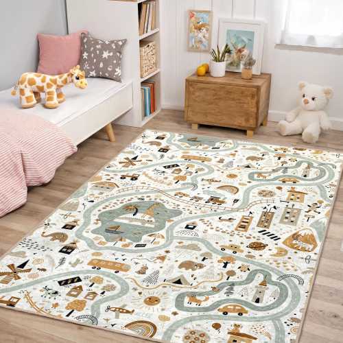 Boho Adventure Road Map Kids Area Rug - Neutral City Safari Play Carpet - Scandinavian Animals Traffic Playmat - Minimalist Nursery Decor
