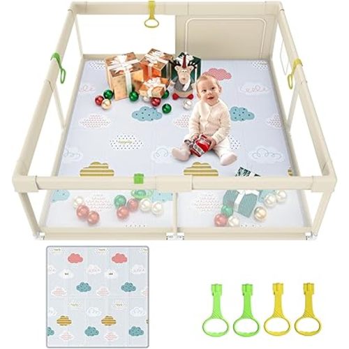 Fodoss Parc pour bébé avec matelas - Parc extra grand de 180×150 cm pour bébés et tout-petits, aire de jeu pour bébé intérieure et extérieure, beige