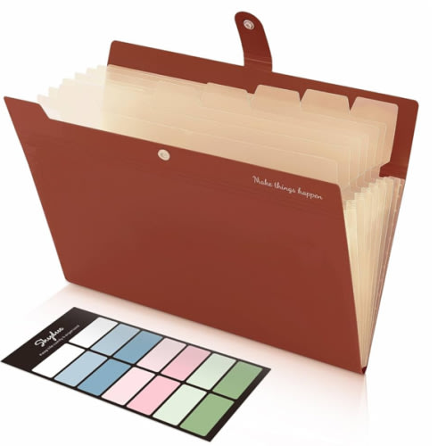 SKYDUE File Folder with Labels, Accordion File Organizer with 8 Pockets, Portable Document Organizer, A4 Letter Size, Paper Organizer for Office, Brown