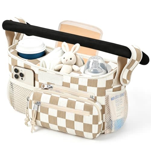 Femuar Universal Stroller Organizer, Stroller Caddy with Cup Holder | Large Capacity,Detachable Bag,Waterproof,Machine washable,Long Shoulder Straps,Fits Most Strollers