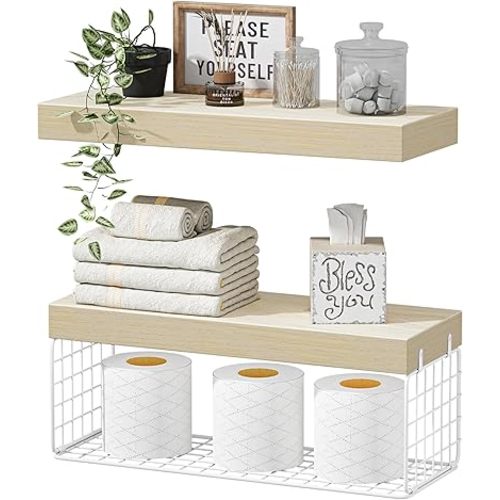QEEIG Bathroom Shelves Over Toilet - Wall Mounted Floating Shelves Toilet Paper Storage Small Farmhouse Decor Shelf 16 inch Set of 2, Natural (019-BNW2)