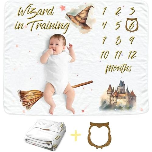 Wizard Baby Monthly Blanket for Newborn Girls and Boys, Newborn Month Blanket, Soft Flannel Photography Background Prop, Personalized Shower Gift, Wizard