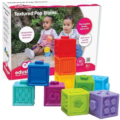 Edushape Mix & Match Textured Blocks - Set of 10 Stacking Blocks - Pop Blocks to Teach Numbers, Colors, Shapes - Construction Blocks for Babies and Toddlers for Sensory Play and Child Development