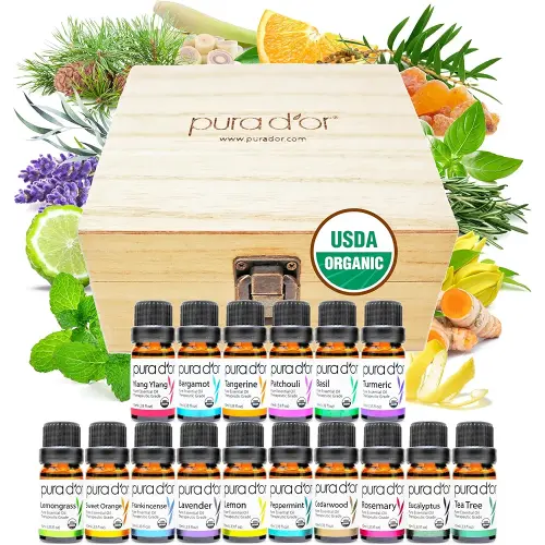 PURA D'OR Organic Sweet16 Essential Oils Set - 16x 10mL Wood Box Aromatherapy Gift Set - 100% Pure Therapeutic Grade for Relaxation and Wellness (Lavender, Rosemary, Turmeric, Ylang Ylang & More)