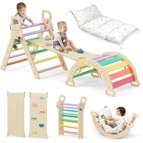 Pikler Triangle Set with Cushion, Wooden Climbing Toys for Toddler