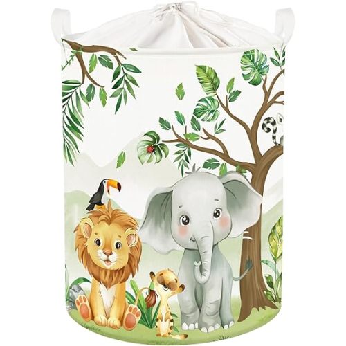 Forest Animals Tree Baby Laundry Hamper Collapsible Clothes Kids Storage Basket Large Boys Girls Gift Toy Box Bin for Nursery Room, Elephant, 63L
