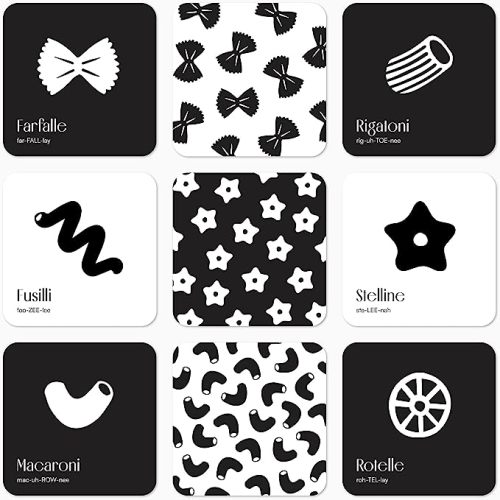 Chunky Deli Gourmet for Baby High Contrast Sensory Learning Toy 10 Black & White Flash Cards of Food Shapes. Tummy Time Pillow Games Curious Baby Toys Activity Infant & Newborn Essentials 0+ Months