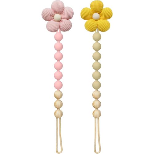 2Pcs Flower Pacifier Clip, 100% Food-Grade Silicone Pacifier Clip with Soft Fabric Daisy, Secure One-Piece Design, Easy to Clean, Baby Shower Gift for Girls Boys