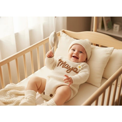 Personalized Handmade Knit Baby Romper with Embroidered Name: Newborn Baby Coming Home Outfit