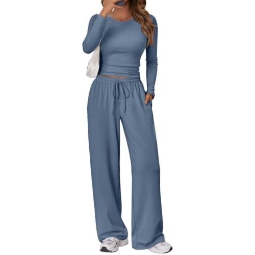 Trendy Queen Women's 2 Piece Matching Lounge Set Long Sleeve Side Ruching Top Wide Leg Drawstring Pants Set with Pockets