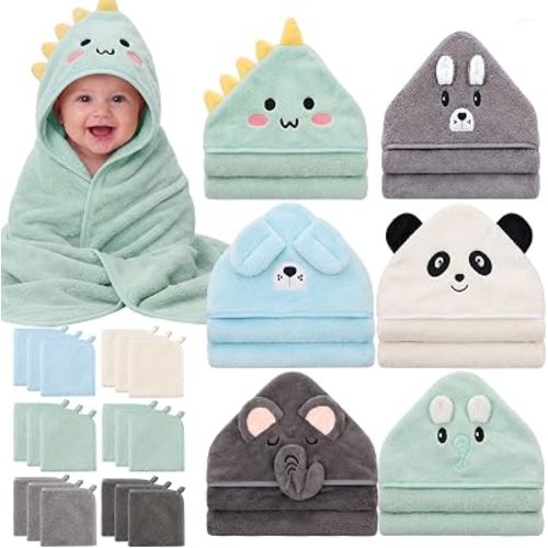 Tegeme 24 Pcs Hooded Baby Towels and Washcloths Set, Zoo Pals