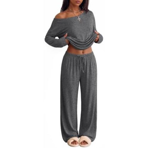 Ekouaer Womens Pajama Sets Off Shoulder Lounge Set 2 Piece Long Sleeve PJs