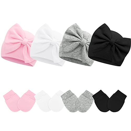 Sarfel 4 Pack Baby Hats 0-6 Months Newborn Hats for Girls with Bow Infant Hat Newborn Beanie Baby Hat and Mitten Set Cotton