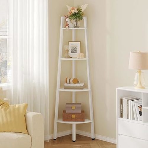 Hoctieon Corner Shelf, 4-Tier Corner Bookshelf, Rustic Corner Ladder Shelf, Industrial Display Shelf for Living Room, Kitchen, Home Office, Balcony, Small Space, Metal Frame, White
