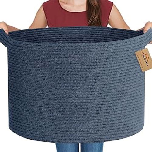 Dark Blue Storage Basket, 22" X 14" Extra Large Woven Cotton Rope Basket, Decorative Blanket Basket Living Room, Oversized Toy Bin Organizer, Pool Towel Basket, Large Round Basket for Decor
