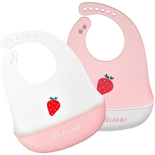 Silicone Bibs for Babies and Toddlers 2 Sets Feeding Bibs for Boy and Girl, Adjustable Soft Waterproof Bibs