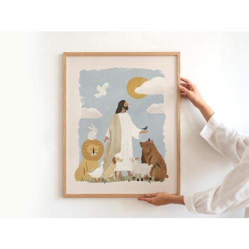 Artful Jesus With Animals Painting Nursery Woodland Zoo Artwork Christian Modern Art Print Gift Minimal Baby Christ Catholic Home Decor