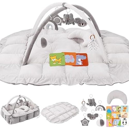 5-in-1 Plush Baby Play Gym & Activity Mat, Baby Play Mats, Baby Gym with Convertible Design, Tummy Time Mat with Cushion, 6 Sensory Toys for Newborn to Toddler, Grey
