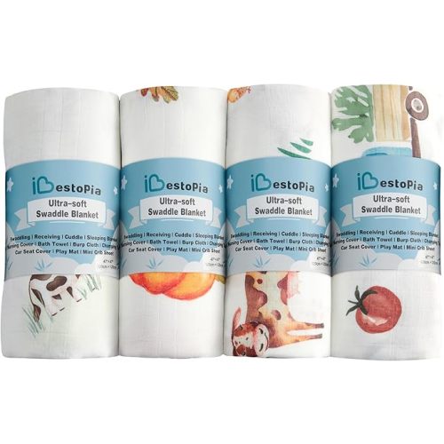 Muslin Swaddle Blankets for Newborn, 4 Pack Large 47"x47" Soft Breathable Bamboo Cotton Baby Blanket, Lightweight Receiving Blanket for Boys and Girls, Farm Life