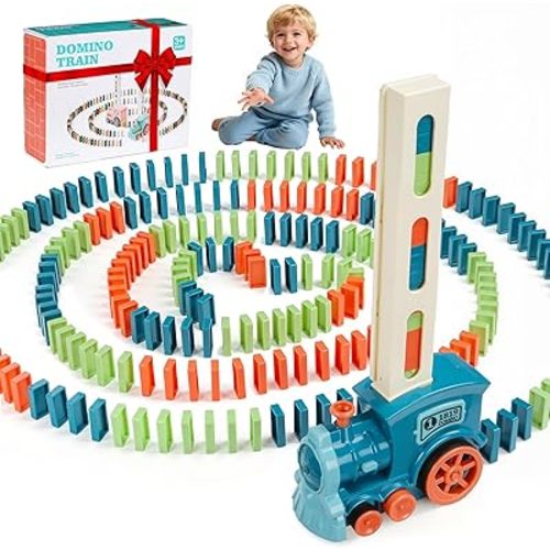 Kids Games Domino Train Toys, 200PCS Automatic Stacking Creative Game 3+ Year Old - Stem Montessori Toy for Boys 4-6 - Christmas Birthday Gifts Blue