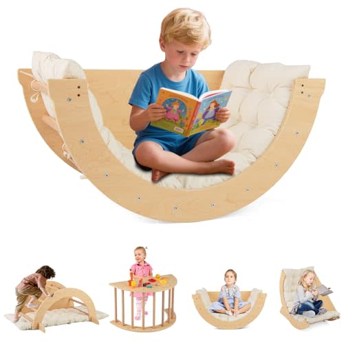 INFANS Wooden Arch Climber Rocker with Soft Cushion, 6 in 1 Montessori Climbing Toys for Toddlers, Waldorf Indoor Table Baby Children Ladder Gym Learning Playset for Kids (Natural with Desktop)
